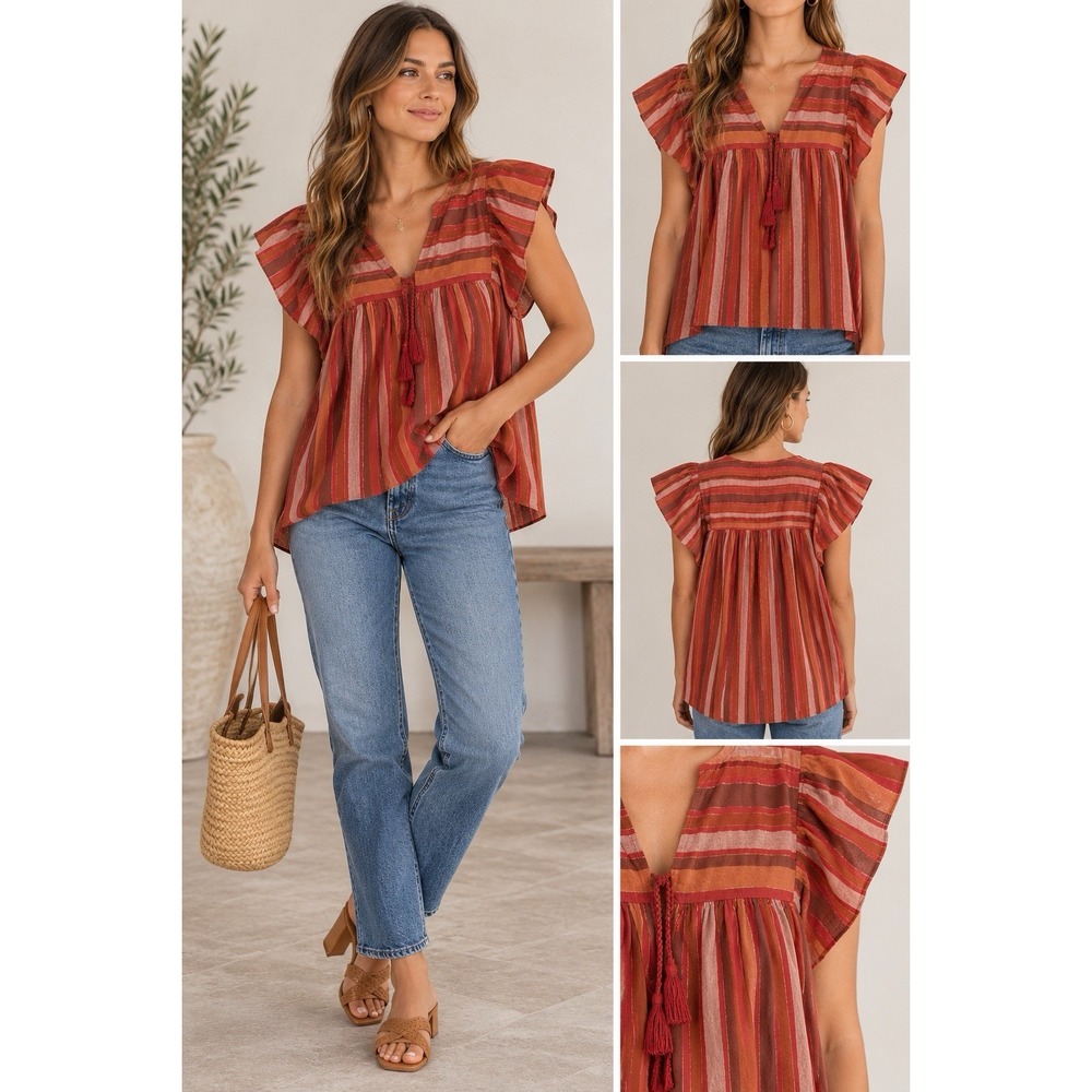 Ulla Johnson Amba Top Size 8 Metallic Stripe Lurex Flutter Sleeve Blouse